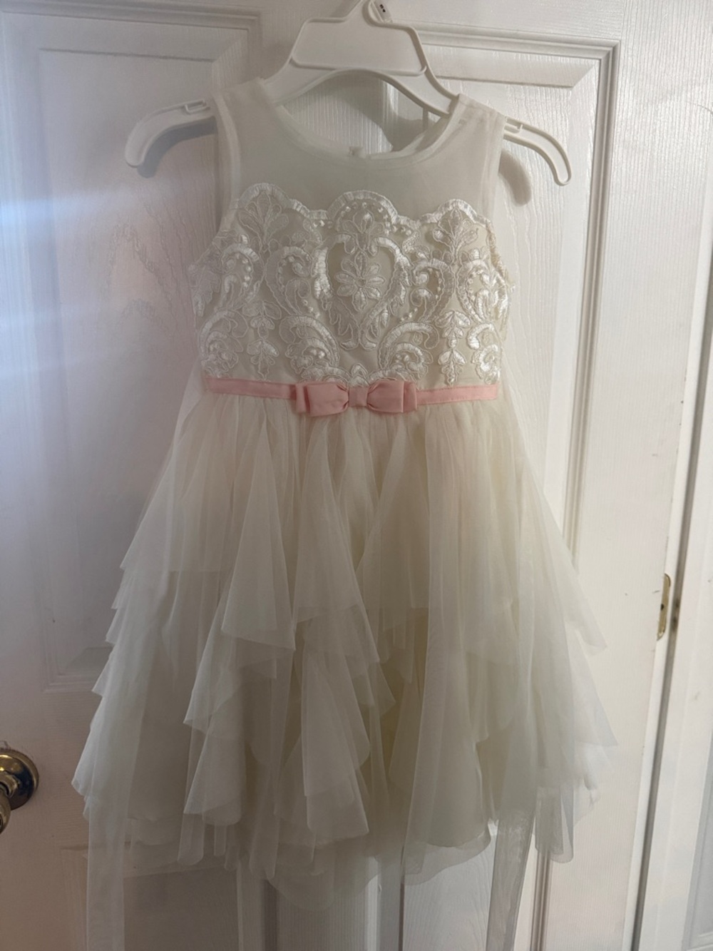 Jona Michelle Ivory Tulle Dress with Pink Ribbon Bow
